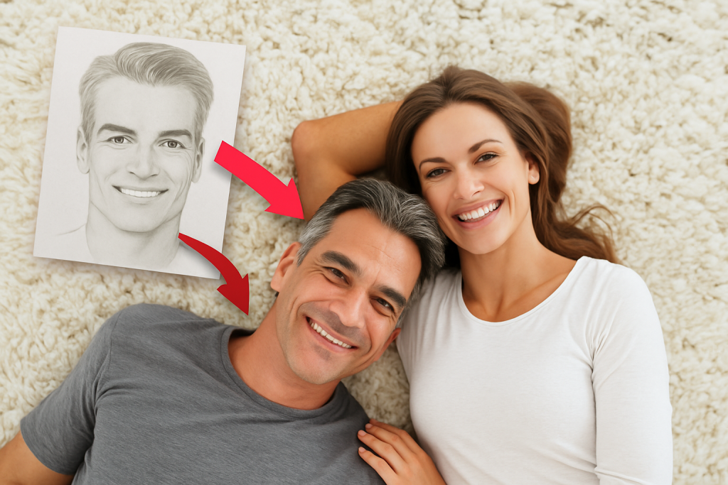 Couple smiling with soulmate psychic sketch drawing