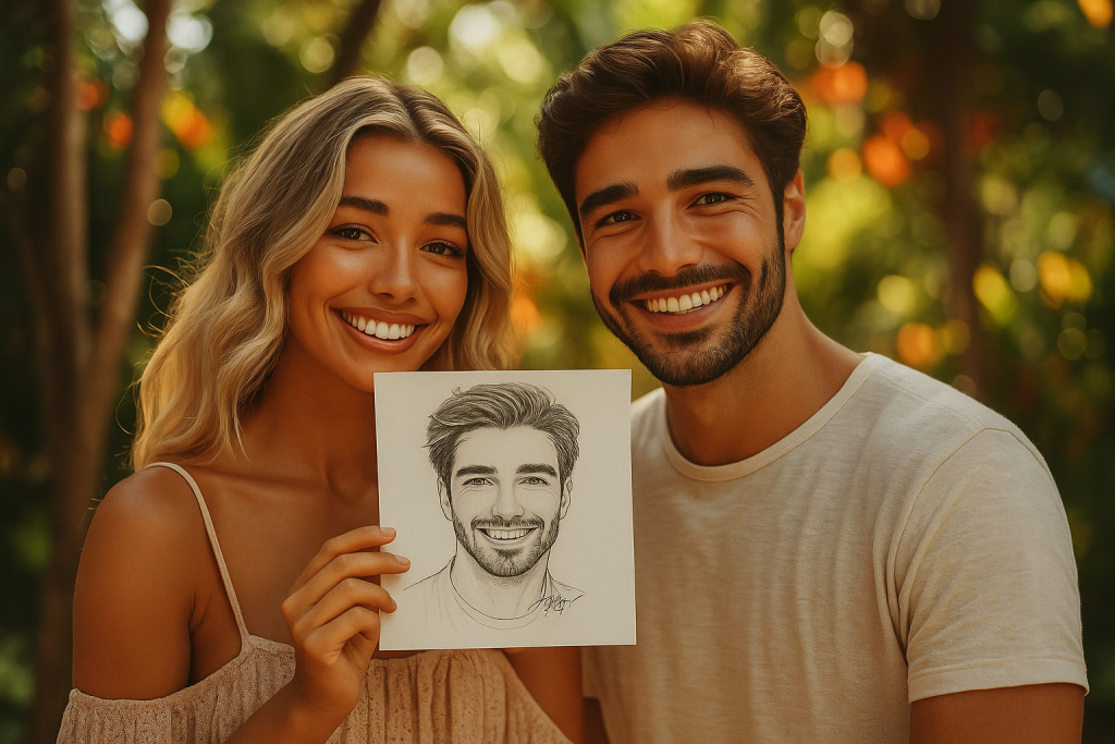 Happy couple holding their psychic soulmate sketch drawing, symbolizing true love and destiny