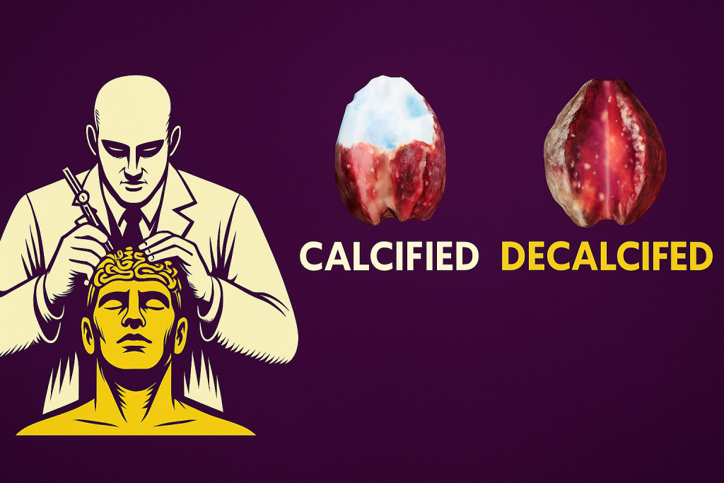 Side-by-side image showing calcified vs. decalcified pineal glands, illustrating the impact of toxins on third eye activation.