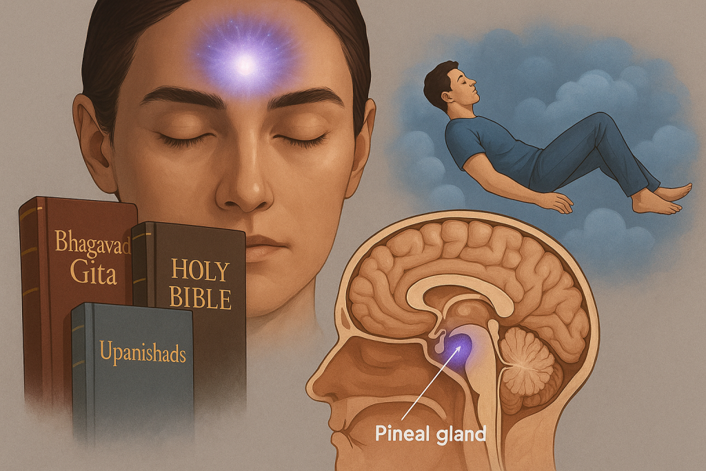 Visualization of the third eye and pineal gland as a glowing portal to divine consciousness and spiritual awakening.