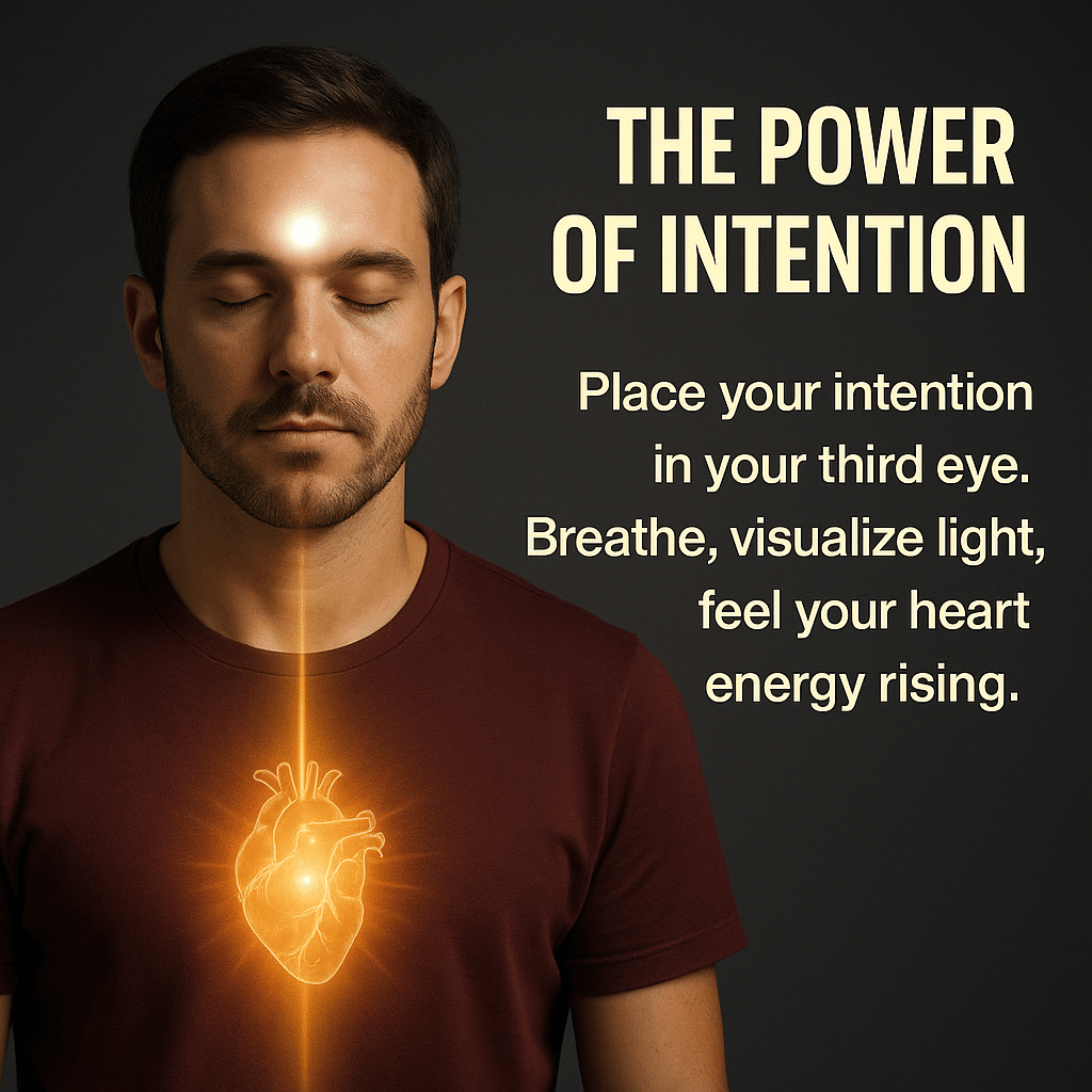 Man connecting heart energy to the third eye, visualizing emotional flow to activate the pineal gland