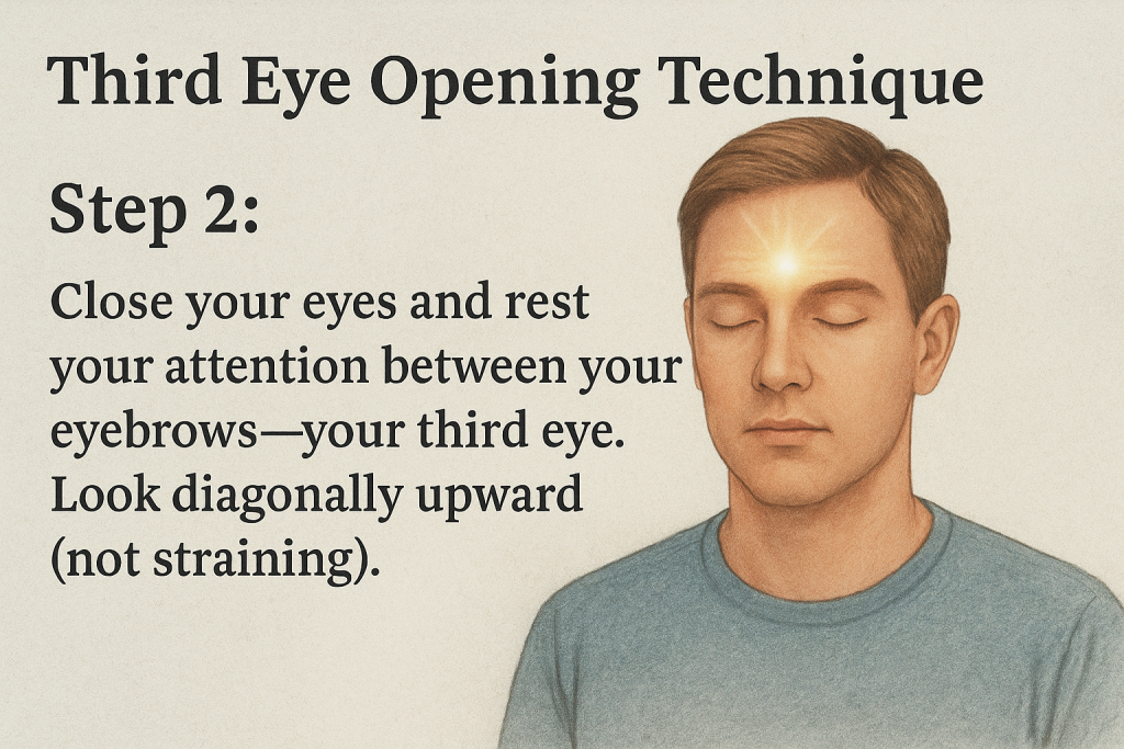 Person closing eyes and focusing upward between eyebrows to activate third eye and pineal gland.