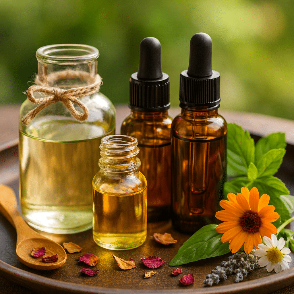 Essential oils for aura cleansing ritual with crystals and healing tools