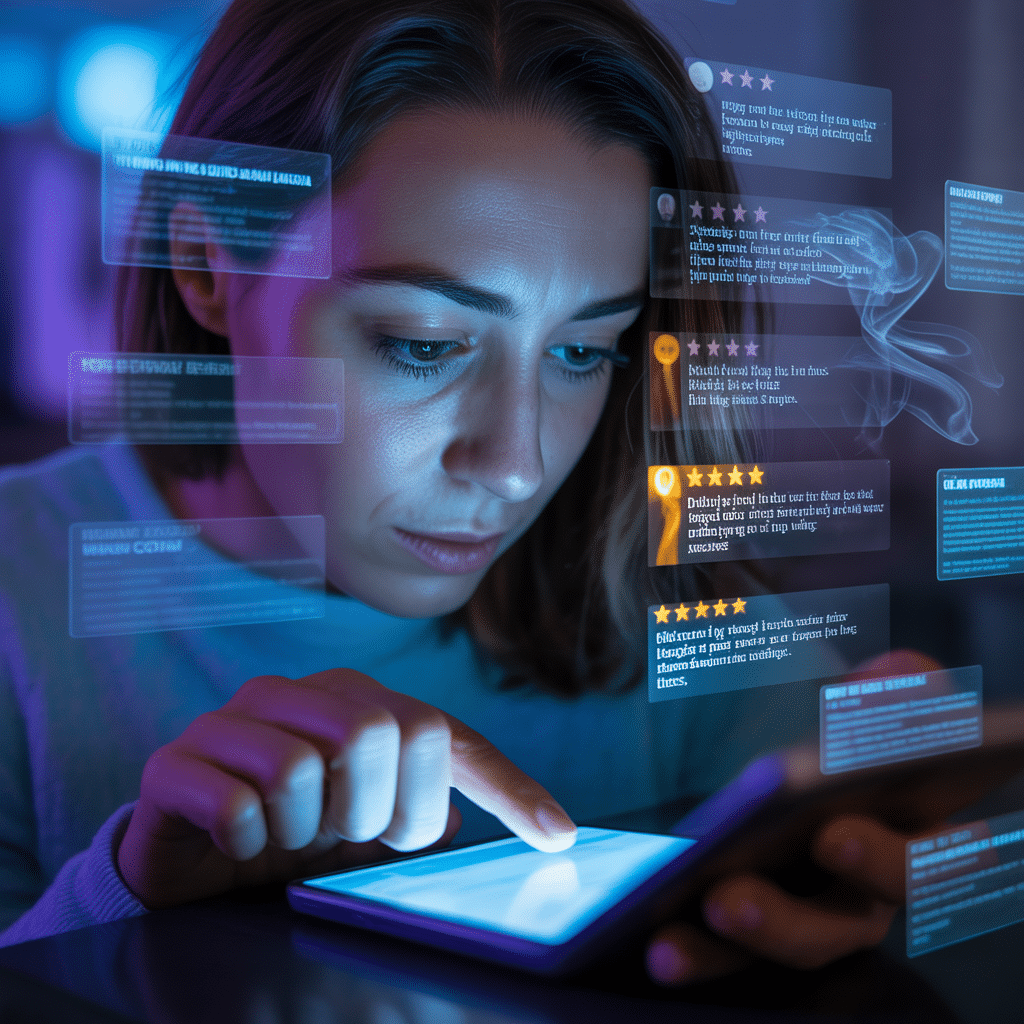 Woman researching real psychic reviews on her phone while searching for a trusted psychic reading near her, surrounded by glowing digital ratings and testimonials.
