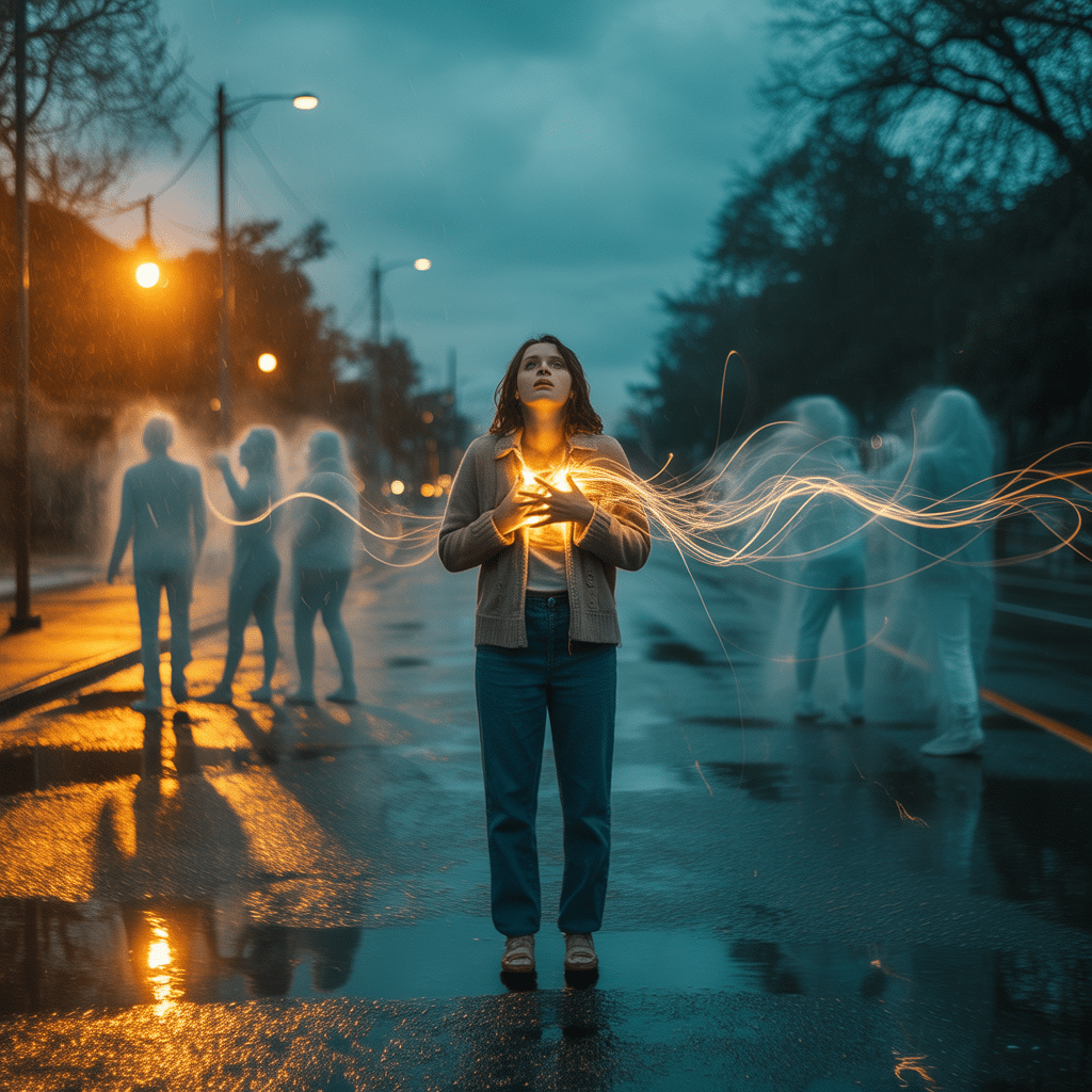 A woman receiving emotional healing through psychic love readings, gazing into a mystical mirror where her reflection glows with cosmic energy, surrounded by floating tarot cards and rose petals—symbolizing intuitive clarity and soul-level transformation.