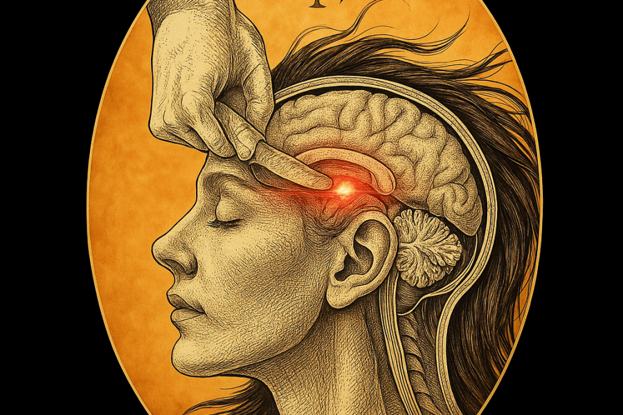 Illustration of third eye and pineal gland activation with energy flow and higher consciousness symbolism