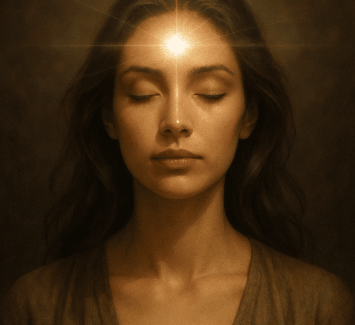 Woman visualizing golden and white light radiating from her third eye to activate the pineal gland.